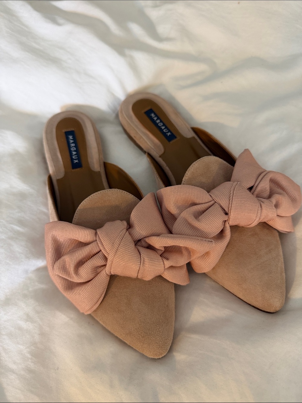 Margaux Blush Pink Bow Pointed Suede Mules